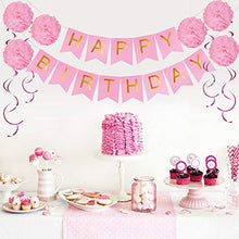 Load image into Gallery viewer, Girls Birthday Decorations | Pre-Assembled Happy Birthday Bunting Banner, Paper Pom Poms, Balloons | Pink Birthday Decoration | Birthday Banners for Girls and Women | Pink White Party Pack