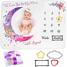 Load image into Gallery viewer, Baby Milestone Blanket | Monthly Photo Mat for Boy or Girl, Unisex | Moon & Flowers Theme | Personalised Baby Shower Present for New Mums | Age Mat | Soft & Comfortable | Includes Coloured Frames