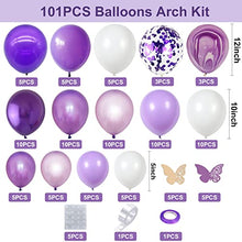 Load image into Gallery viewer, KAINSY Purple Balloon Garland Arch Kit, Wedding Balloon Arch Kit, 91pcs Purple White Latex Balloons Agate Balloons with 10pcs Hollow Butterfly Sticker for Indoor Outdoor Birthday Party Decoration