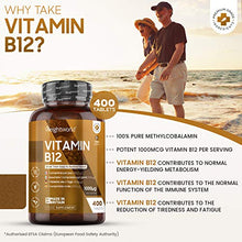 Load image into Gallery viewer, Vitamin B12 Tablets 1000mcg - High Strength Vitamin B12 Supplement - 400 Pure Methylcobalamin Tablets (1+ Year Supply) - Immunity Vitamins for Men & Women - Vegan, Gluten Free - Made in The UK