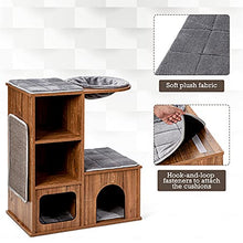 Load image into Gallery viewer, COSTWAY Cat House, Kitten Activity Centre with Sisal-Covered Scratching Mat, Condo & Basket Lounger, Wooden Cats Furniture Climbing Tower, 69 x 39 x 81cm