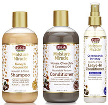 Load image into Gallery viewer, African Pride Moisture Miracle Shampoo, Conditioner and Leave-in Conditioner SET, Coconut Oil, Honey, Chococlate, Coconout Oil and Milk