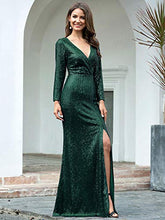 Load image into Gallery viewer, Ever-Pretty Women's Long Sleeve V Neck Floor Length Elegant Mermaid with Thigh High Slit Sequin Wedding Guest Dresses Dark Green 14UK