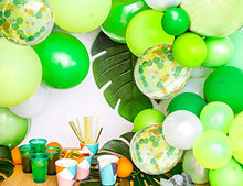Load image into Gallery viewer, Jungle Theme Party Supplies - 16 inch Happy Birthday Banner with 12pcs Palm Leaves 30pcs Latex Balloons 5pcs Confetti Balloons and 1pcs Balloon Strip for Dinosaur Jurassic Forest Hawaiian Party Decor