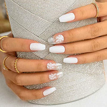 Load image into Gallery viewer, Sethexy Medium White Fake Nails Ballerina Glitter Stick on Nails Glossy Coffin False Nails Snow Nails with Glue 24Pcs Acrylic Art Press-on Nail Tips for Women and Girls