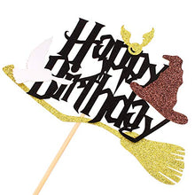 Load image into Gallery viewer, Blumomon 1Pc Glitter Black Magical Wizard Inspired Cake Topper Happy Birthday Cake Topper Pick for Magic Theme Party Supplies