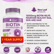 Load image into Gallery viewer, Biotin Hair Growth Supplement Maximum Strength Biotin Tablets 12000mcg (1 Year Supply) Enriched with Coconut Oil Absorbency, Hair, Skin and Nails Vitamins for Women & Men 1 A Day Vegan, UK Made