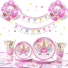 Load image into Gallery viewer, Himeland 129 Pcs Unicorn Birthday Decorations for Girls, Pink Unicorn Party Supplies and Plates for Birthday, Disposable Tableware Kit Serves 16 (Plates Cups Napkins Tablecloth Paper Banner)