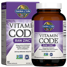 Load image into Gallery viewer, Garden of Life Vitamin Code Raw Zinc, 30mg Whole Food Zinc Supplement + Vitamin C, Trace Minerals & Probiotics for Immune Support, Certified Vegan Non-GMO & Gluten Free Zinc Supplements, 60 Capsules