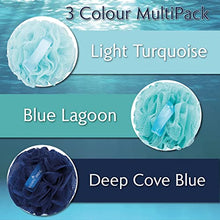Load image into Gallery viewer, Recycled Shower Bath Loofah, Body Brush, Pouf Sponge, Exfoliating Bath Scrunchie, Multi pack Bathroom Puff, Eco toiletries, Foam balls (Ocean Blues)