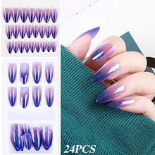 Load image into Gallery viewer, 72 Pieces Reusable Artificial Nail Tips Full Cover Nail Tips Press On Nails Art False Tips Gradient Purple Glitter Silver Shinning Dark Blue