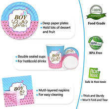 Load image into Gallery viewer, Heboland Gender Reveal Party Supplies Tableware Set, 16 Guests Boy or Girl Plates Napkins Tablecloth Cups Knives Forks Spoons Banner Decorations