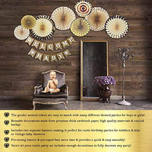 Load image into Gallery viewer, YARA Baby Shower Decorations Neutral | Woodland Rustic Boho Theme Oh Baby Decoration for Girl & Boy, Gender Reveal & Birthdays | Burlap Welcome Baby Banner, Gold & Cream Decor Paper Fans & Tassels