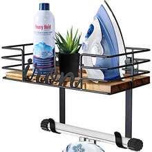Load image into Gallery viewer, TJ.MOREE Ironing Board Hanger - Laundry Room Iron and Ironing Board Holder, Metal Wall Mount with Large Storage Wooden Base Basket and Removable Hooks