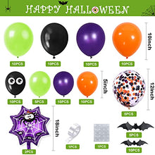 Load image into Gallery viewer, Halloween Balloon Arch Garland Kit, 96pcs Orange Black Purple Balloons Arch Kit With Black Eye Confetti Green Latex Balloons Bat Sticker Spider Web Foil Balloon for Halloween Decoration Party Supplies