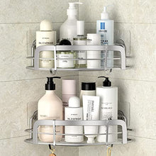 Load image into Gallery viewer, STEUGO Shower Corner Caddy, Bathroom Corner Shower Shelf, Adhesive Wall Mounted Shower Shelving with 4 Movable Hooks, SUS304 Stainless Steel Bath Storage Organizer, 2 Pack