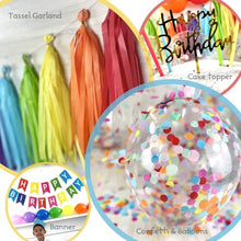 Load image into Gallery viewer, Birthday Decoration Set | Trendy Party Decorations in Rainbow Colours | Happy Birthday Banner | Balloon Garland | Tassel Garland | Confetti Balloons | Table Confetti | Cake Topper | Pump | UK Brand