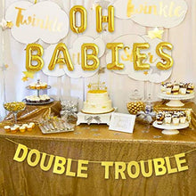 Load image into Gallery viewer, JOYMEMO Twins Baby Shower Decorations Set Gold, Double Trouble Banner Glitter, OH BABIES Confetti Balloons, Mummy To Be Sash for Babies Gender Reveal Party Supplies