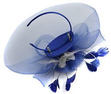 Load image into Gallery viewer, Feather Flower Fascinator Hat Veil Net Hair Clip Ascot Derby Races Wedding (Navy and Silver)