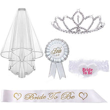 Load image into Gallery viewer, Kyerivs Bride to be Decoration Set for Hen Night Party,Rhinestone Tiara,Bridal Wedding Veil,Bride to Be Sash,Rosette Badge and Garter