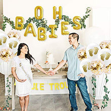 Load image into Gallery viewer, JOYMEMO Twins Baby Shower Decorations Set Gold, Double Trouble Banner Glitter, OH BABIES Confetti Balloons, Mummy To Be Sash for Babies Gender Reveal Party Supplies