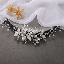 Load image into Gallery viewer, Handcess Leaves Bride Wedding Headband Silver Wedding Crystal Headpiece Pearl Flower Hair Vine Rhinestone Bridal Hair Accessories for Bride and Bridesmaids