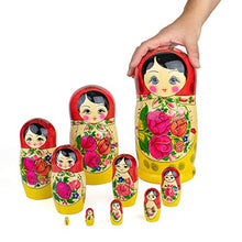 Load image into Gallery viewer, Heka Naturals Russian Nesting Dolls, 10 Traditional Matryoshka Classic Semyonov Red Style | Wooden Doll Gift Toys, Hand Made in Russia | Semyonov Red, 10 piece, 25 cm (9.85 inches)