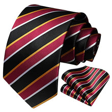 Load image into Gallery viewer, HISDERN Men's Tie Striped Ties Wedding Tie Red & Black Silk Necktie Pocket Square Set