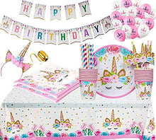 Load image into Gallery viewer, Unicorn Party Birthday Decoration Set Unicorn Paper Plates Cups Napkins Tablecover Birthday Banner Paper Straws-Serves 16 Guests