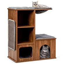 Load image into Gallery viewer, COSTWAY Cat House, Kitten Activity Centre with Sisal-Covered Scratching Mat, Condo & Basket Lounger, Wooden Cats Furniture Climbing Tower, 69 x 39 x 81cm