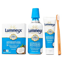 Load image into Gallery viewer, Oral Essentials Lumineux Teeth Whitening Kit - Includes 7 Treatments (14 Strips) | 1 Whitening Mouthwash, 1 Whitening Toothpaste & 1 Bamboo Toothbrush