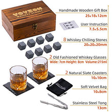 Load image into Gallery viewer, VOVZON Whiskey Stones and Glasses Gift Set for Men – 8 Whisky Scotch Bourbon Chilling Stones, 2 Whiskey Glasses in Wooden Box – Christmas/Father's Day/Birthday Gift/Present for Father Dad Boyfriend