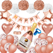 Load image into Gallery viewer, Rose Gold Birthday Decorations | Happy Birthday Banners With Heart Star Foil Confetti Balloons| Giant Champagne Foil Balloons | Birthday Decoration For Girls With Tissue Paper Pompoms