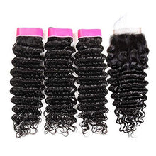 Load image into Gallery viewer, EMOL Hair Brazilian Human Hair Bundles with Closure 10 12 14+10 Inch Deep Wave Bundles with Closure Brazilian Curly Hair Bundles and 4x4 Free Part Lace Closure Natural Black Color