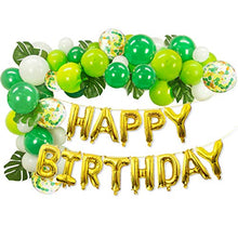 Load image into Gallery viewer, Jungle Theme Party Supplies - 16 inch Happy Birthday Banner with 12pcs Palm Leaves 30pcs Latex Balloons 5pcs Confetti Balloons and 1pcs Balloon Strip for Dinosaur Jurassic Forest Hawaiian Party Decor