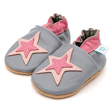 Load image into Gallery viewer, Dotty Fish Soft Leather Baby Shoes. Toddler Shoes. Non Slip. Soft Grey Shoe with Pink Star Design for Girls. 0-6 Months (1 UK Child)