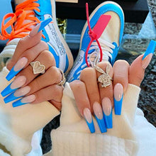Load image into Gallery viewer, Yean Coffin Fake Nails Ballerina Glossy Long False Nails French Press on Nails Blue and White Full Cover Stick on Nails for Women and Girls(24 pcs)