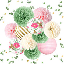 Load image into Gallery viewer, NICROLANDEE Butterfly Party Decorations -12PCS Green Pink Blooms Tissue Pom Poms Paper Lantern 3D Gold Confetti 50G for Garden Birthday Party, Fairy Party, Wedding, Baby Shower, Holiday, Home Decor