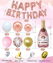 Load image into Gallery viewer, Rose Gold Champagne Bottle Balloon Garland Arch Kit with Rose Gold Happy Birthday Banner Balloons for 16th 18th 21st 30th 40th 50th 60th 70th 80th Birthday Party Decorations for Women Her Girls
