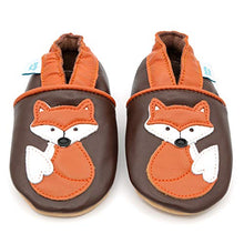 Load image into Gallery viewer, Dotty Fish Soft Leather Baby Shoes. Toddler Shoes. Boys and Girls. Non Slip. Brown Shoe with Fox. 0-6 Months (1 UK Child)