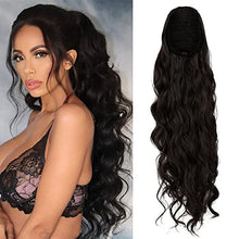 Load image into Gallery viewer, Long Wavy Ponytail Hair Extension 24" Drawstring Body Wavy Ponytails Curly Clip in Dark Brown Synthetic Hairpiece for Women Girls, 160g