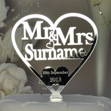 Load image into Gallery viewer, Personalised Mr & Mrs Wedding Heart Cake Topper Decorations 25th Anniversary Keepsake - Title Surname Date Decor (12.5cm) Silver Mirror Acrylic