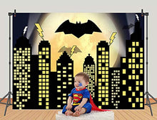 Load image into Gallery viewer, Qian Super City Theme Photography Backdrops Super Cityscape City Skyline Bat Photo Booth Boy's Birthday Party Decoration Supplies Background Studio Prop Vinyl