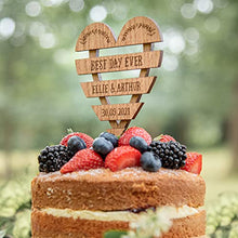 Load image into Gallery viewer, Personalised Wedding | Anniversary wooden cake topper - Personalise with surname and date - Mr and Mrs Cake decoration – rustic heart wood toppers