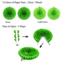 Load image into Gallery viewer, Zerodeco Party Decoration, 21 Pcs Green Hanging Paper Fans, Pom Poms Flowers, Garlands String Polka Dot and Triangle Bunting Flags for Golf Party Dinosaur Birthday Parties Arbor Day
