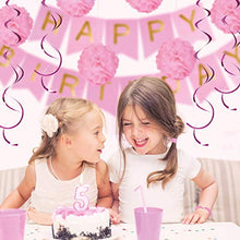 Load image into Gallery viewer, Girls Birthday Decorations | Pre-Assembled Happy Birthday Bunting Banner, Paper Pom Poms, Balloons | Pink Birthday Decoration | Birthday Banners for Girls and Women | Pink White Party Pack