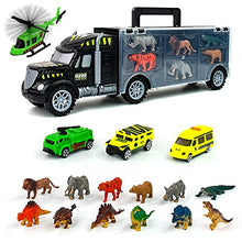 Load image into Gallery viewer, Dinosaur Toys Truck for 3 4 5 6 Year Old Boys Car Transporter Carrier Toy Trucks with 4 Kids' Play Vehicles 12 Dinosaurs Toys Animal Toys Double-Sided Storage Toys Gifts for Boys Girls Age 3