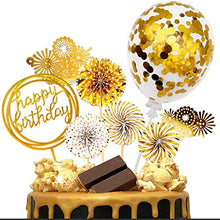 Load image into Gallery viewer, iZoeL Gold Birthday Cake Decoration Happy Birthday Cake Topper Paper Fans Banner Confetti Balloon Fireworks Golden Cupcake Topper for Gold Theme Party Decor Girl Boy Kid Women Man (Gold)
