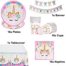 Load image into Gallery viewer, Unicorn Party Birthday Decoration Set Unicorn Paper Plates Cups Napkins Tablecover Birthday Banner Paper Straws-Serves 16 Guests