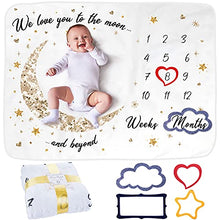 Load image into Gallery viewer, Baby Milestone Blanket | Monthly Photo Mat for Boy or Girl, Unisex | Moon & Stars Theme | Personalised Baby Shower Present for New Mums | Age Mat | Soft, Thick & Comfortable | Includes Coloured Frames